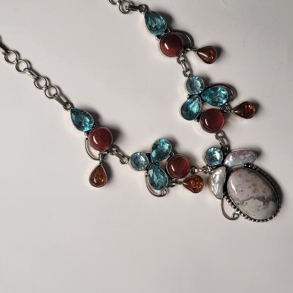 Sterling Silver Gemstone Necklace With Blue Topaz, Carnelian, Amber, And Pearls - Picture 5 of 10